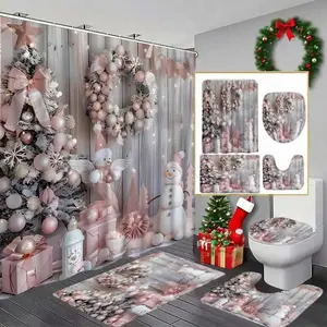 1/4pc Christmas Snowman Shower Curtain Set, a festive bathroom decoration with hooks, bathroom mat, and toilet seat cover. Perfect for bathroom decoration, partitioning, and beautifying the space. Includes 12 shower curtain hooks. Bathroom Accessory