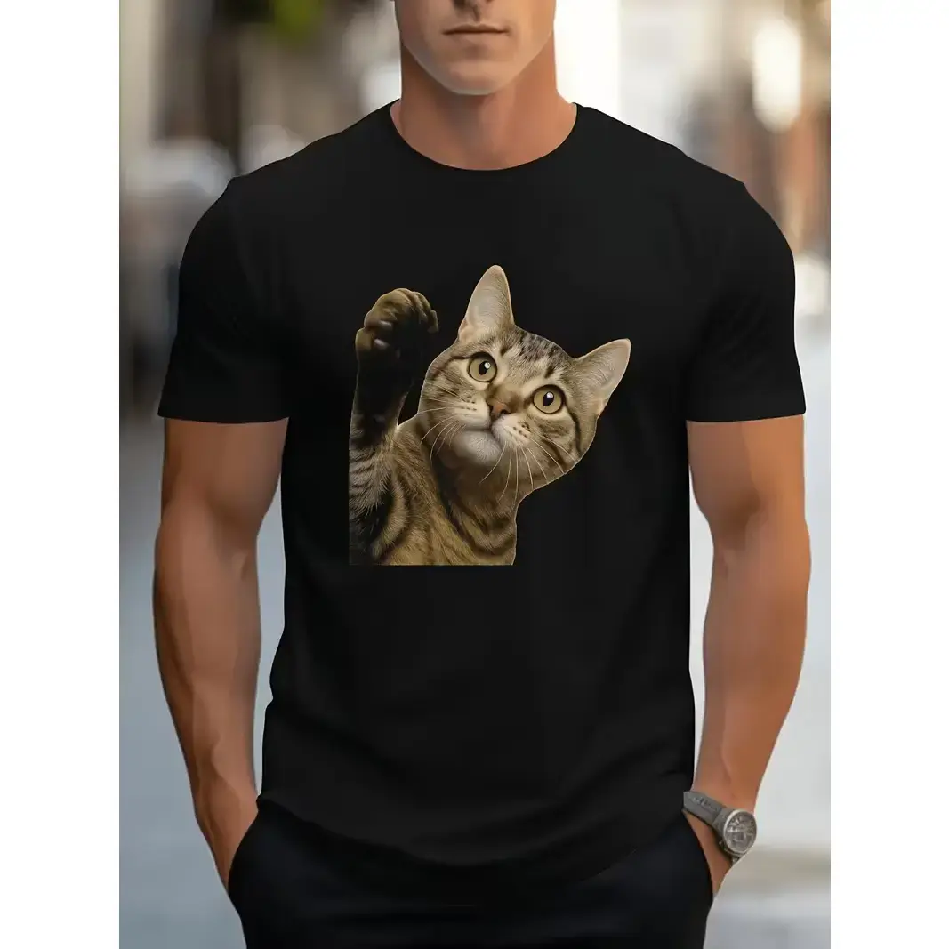 A Black Short-Sleeve T-Shirt with a Round Neck Showcasing a Design of a Cat Lifting Its Paw, Perfect for Casual Wear Throughout The Year. This Regular Fit Men'S T-Shirt Makes a Great Gift for Any Holiday, Plus Size