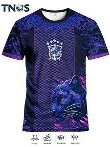 Men's Brazil Panther Graphic Soccer Jersey, Floral Detail, Short Sleeve, Fitted, Casual Streetwear, All Seasons, Soccer Shirt