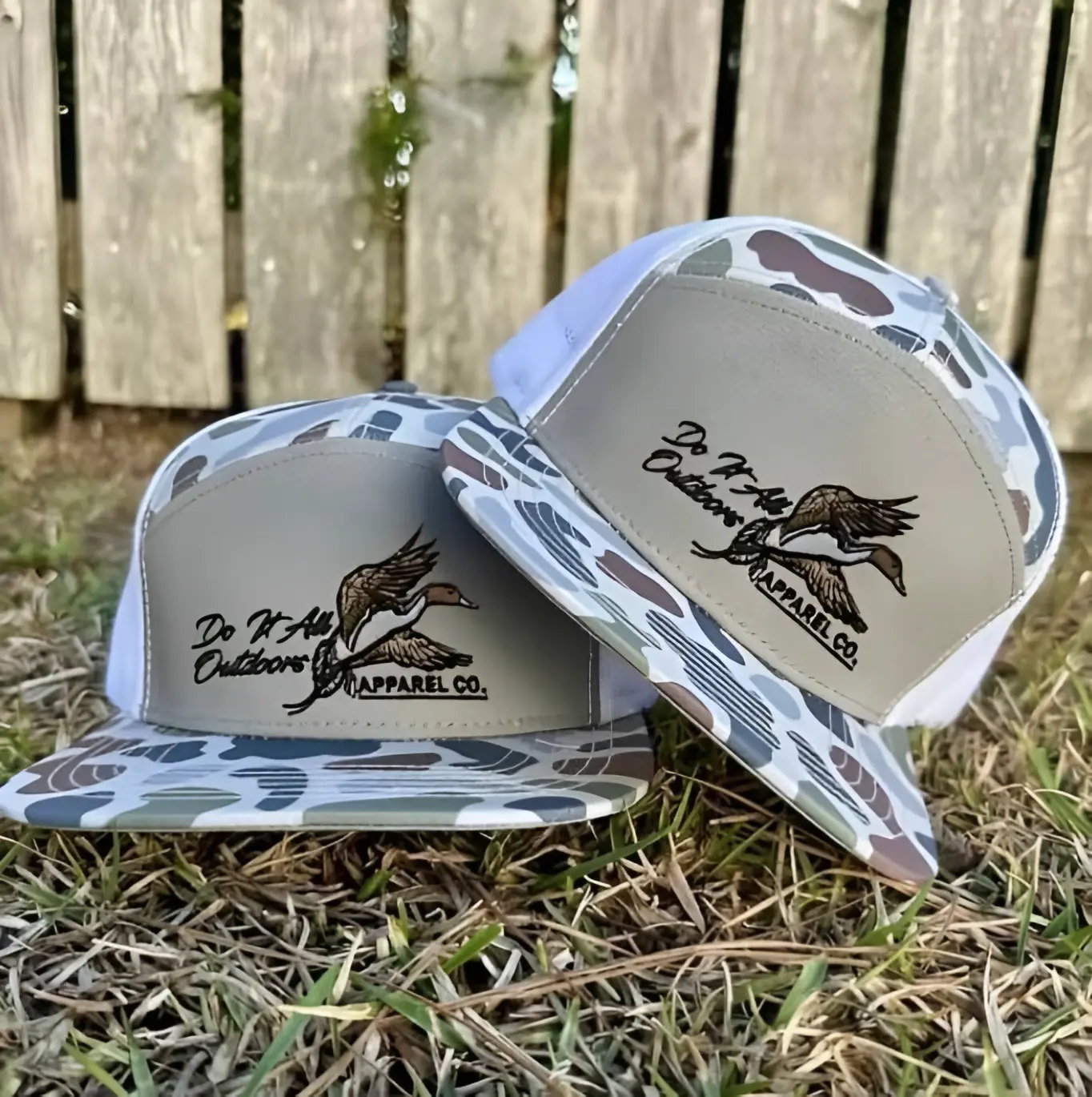 Turkey Feather Embroidered Old School Trucker Hats-7 Panel Style in Bottomland Camo | Embroidered Camouflage Snapback Outdoorsman Gift for Working Men Hat