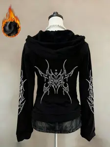 New Heavyweight Fleece Hoodie Jacket, Y2K Gothic Print, Zipper Sweatshirt Coat, Fall & Winter Fashion, Long Sleeve, Fitted Style