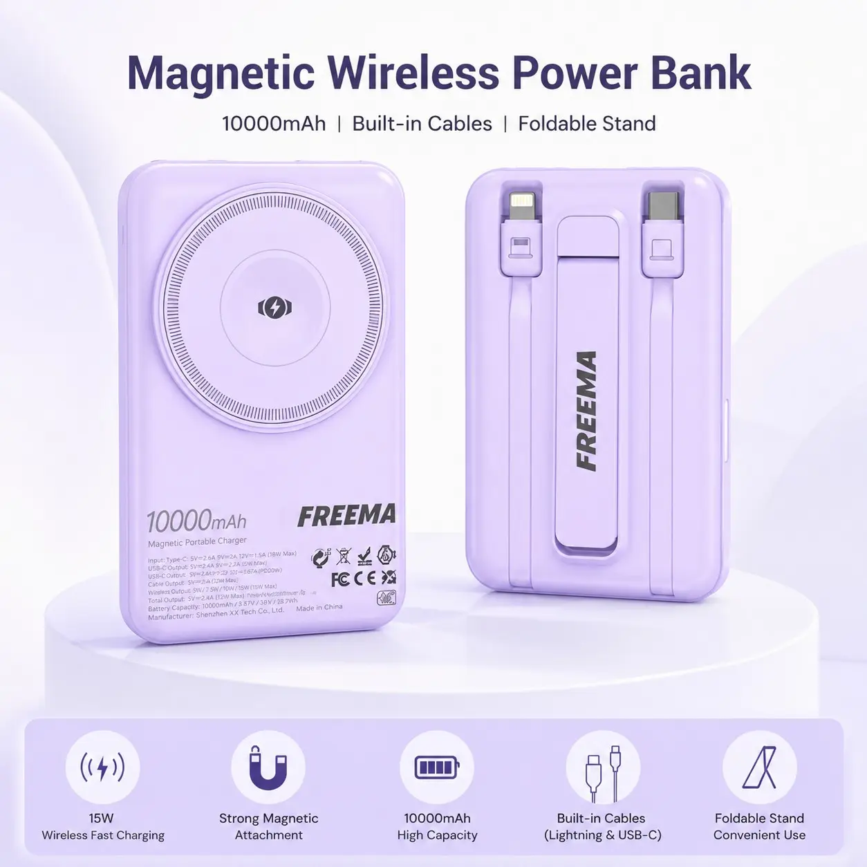 Freema 10000mah Power Bank Portable Charger with Cables and Display, 15w Wireless Charging, 20w Wired Charging, Foldable Stand Included, Safe Lithium Polymer Battery