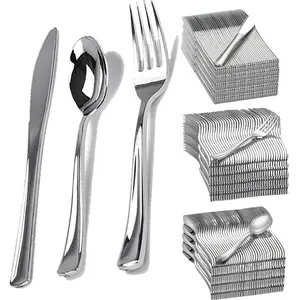 40-Piece Silver Color Plastic Cutlery Set, Reusable Heat Resistant Dinnerware for Weddings Parties Birthdays Gatherings, Tableware Set