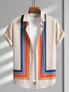 Men's Regular Fit Contrast Stripes Print Short Sleeve Shirt, Casual Rolled Sleeve, Casual Fashion Wear, Casual Stylish Retro Comfy Top for Summer, Men's Clothes for Beach Vacation, Menswear