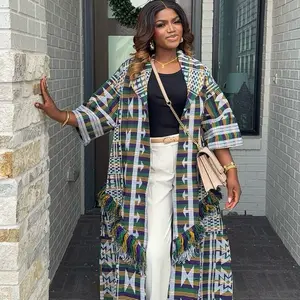 Women's Akwaete Kimono Clothes - Long Sleeve, Bold Print, Fringe Details, Chic Polyester Casual Women's Work Outerwear Statement Piece