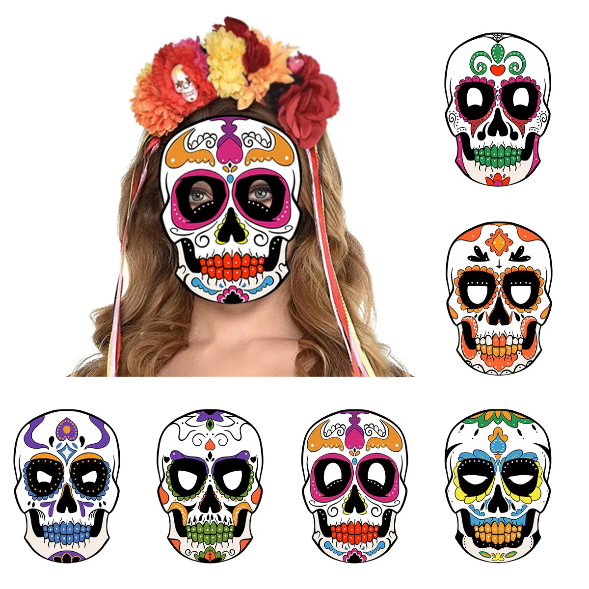 Day of the Dead Skull Mask, Halloween Mexican Sugar Skull Paper Face Mask, DIY Costume Party Masquerade Mask for Women, Festival Cosplay Photo Booth Prop