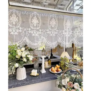 Short Lace Valances for Windows, Ruffle Lace  Bottom Curtain Tiers Embroidered Tulle Semi Sheer Curtain for Kitchen Cafe Dinning,1 Panel (56" W x 26" L)