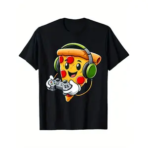 Funny Gamer Pizza Playing Video Game T-Shirt 100% Cotton Soft Casual Unisex Teen Boys Short Sleeve Graphic Tee