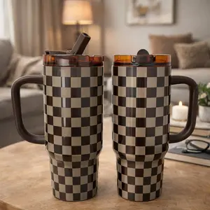 1PC 40oz Aesthetic Checkerboard Stainless Steel Tumbler With Handle & Straw, Insulated Iced Coffee Travel Cup, Large Capacity Mug For Car, Gym, Office, Cute Gift For Friends, Flasks