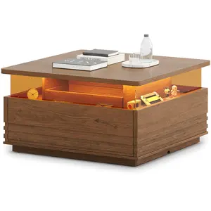 Sikaic Square Fluted Coffee Table with LED Lights and Storage, Mid Century Modern Center Tables with 2 Drawers, Unique Wood Tables for Living Room, Walnut Brown