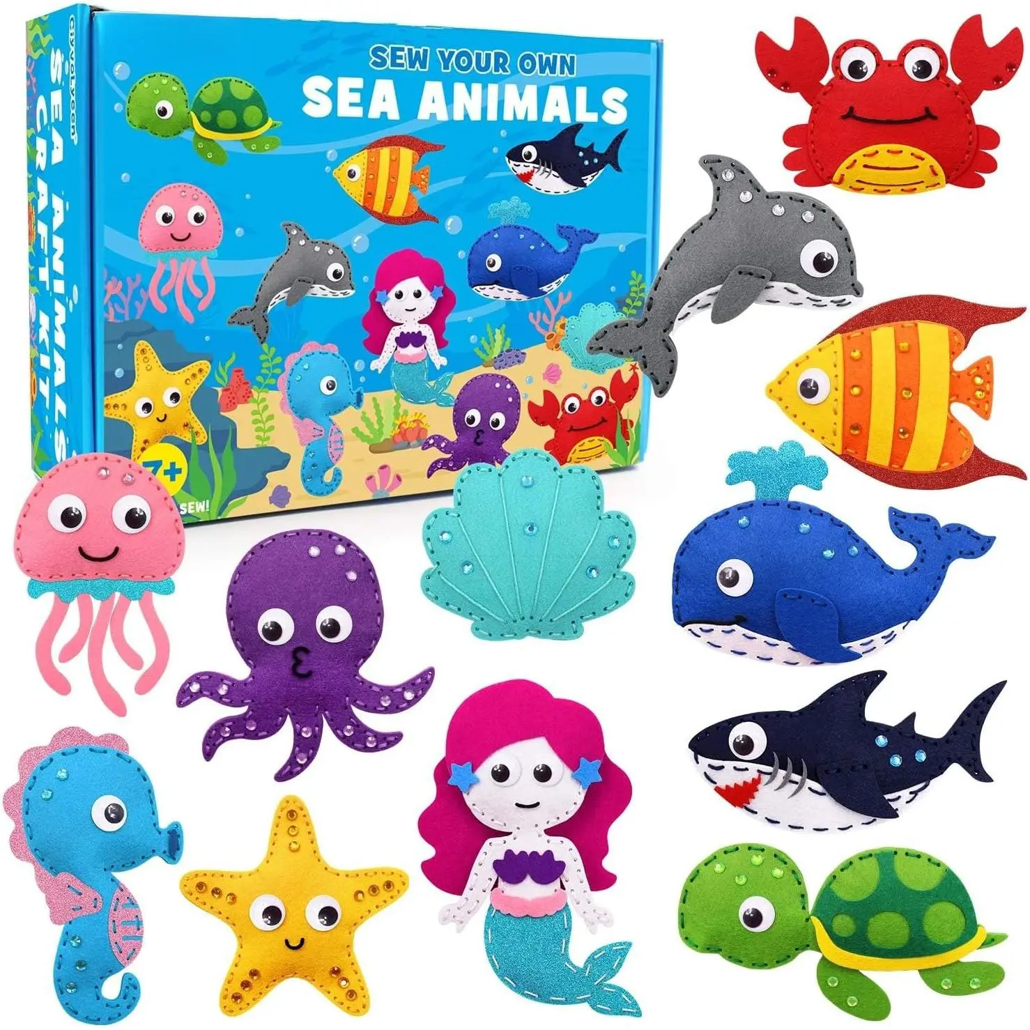 X-SMA18 Sea Animals Sewing Kit Mermaid DIY Felt Plush Craft Kit Make Your Own Ocean Animals Gifts for Beginner Boys and Girls Educational Kids Art Craft Supplies Set of 12
