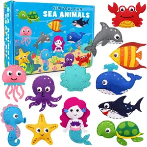 X-SMA18 Sea Animals Sewing Kit Mermaid DIY Felt Plush Craft Kit Make Your Own Ocean Animals Gifts for Beginner Boys and Girls Educational Kids Art Craft Supplies Set of 12