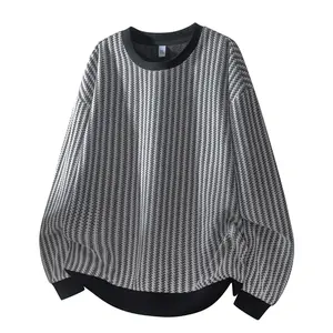 Men's Black & White Textured Knit Sweater Oversized Crew Neck Casual Retro Pullover Medium Fit