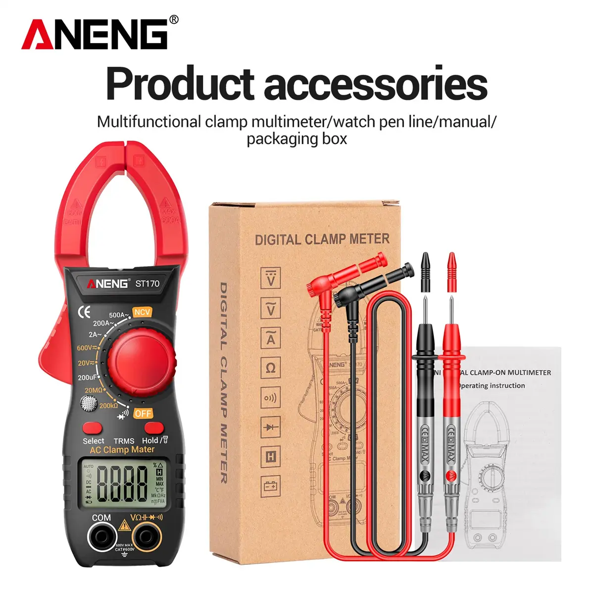 Aneng ST170 Model Compact High Accuracy 1999-Counts Digital Clamp Multimeter - LCD Electrical Measuring Tool with NCV Alarm, Auto Power-Off Function, Included Batteries