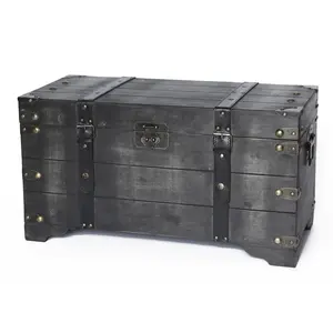 Vintiquewise  13.75 x 25.5 x 12 in. Distressed Wooden Storage Trunk, Black - Medium