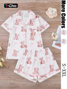 Women's Bear Print Knit Short Sleeve Top & Elastic Waist Shorts Pajama Set, Casual Fit Lightweight Comfy Soft Cute Shirt & Shorts Loungewear Set, Ladies Sleepwear for Summer Pjs