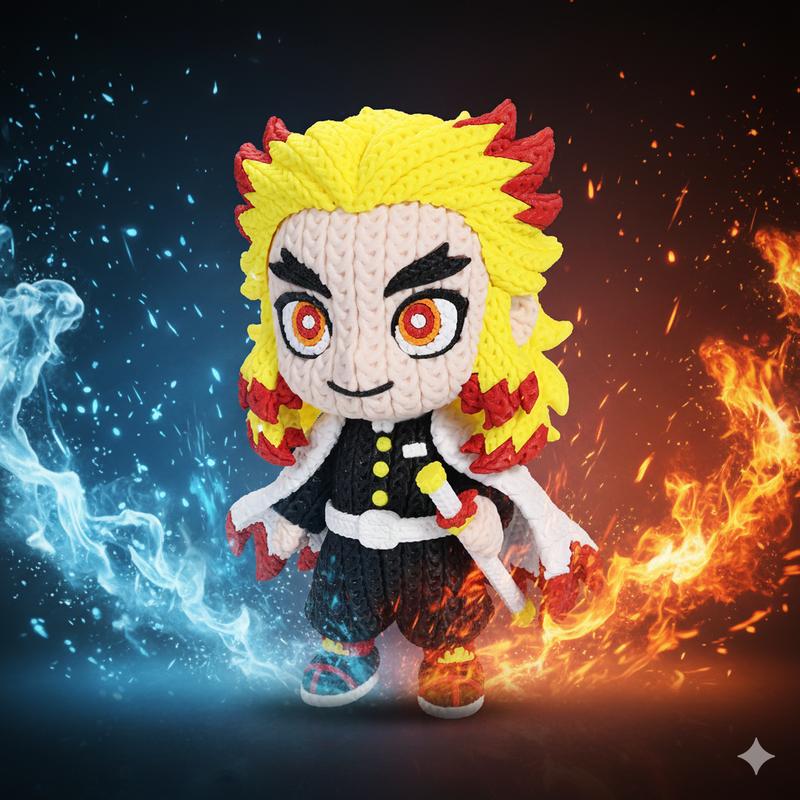 Demon Slayer Rengoku Chibi Action Figure Flame Warrior Anime Collectible with Unique Knitted Texture and Flame-Themed Hair