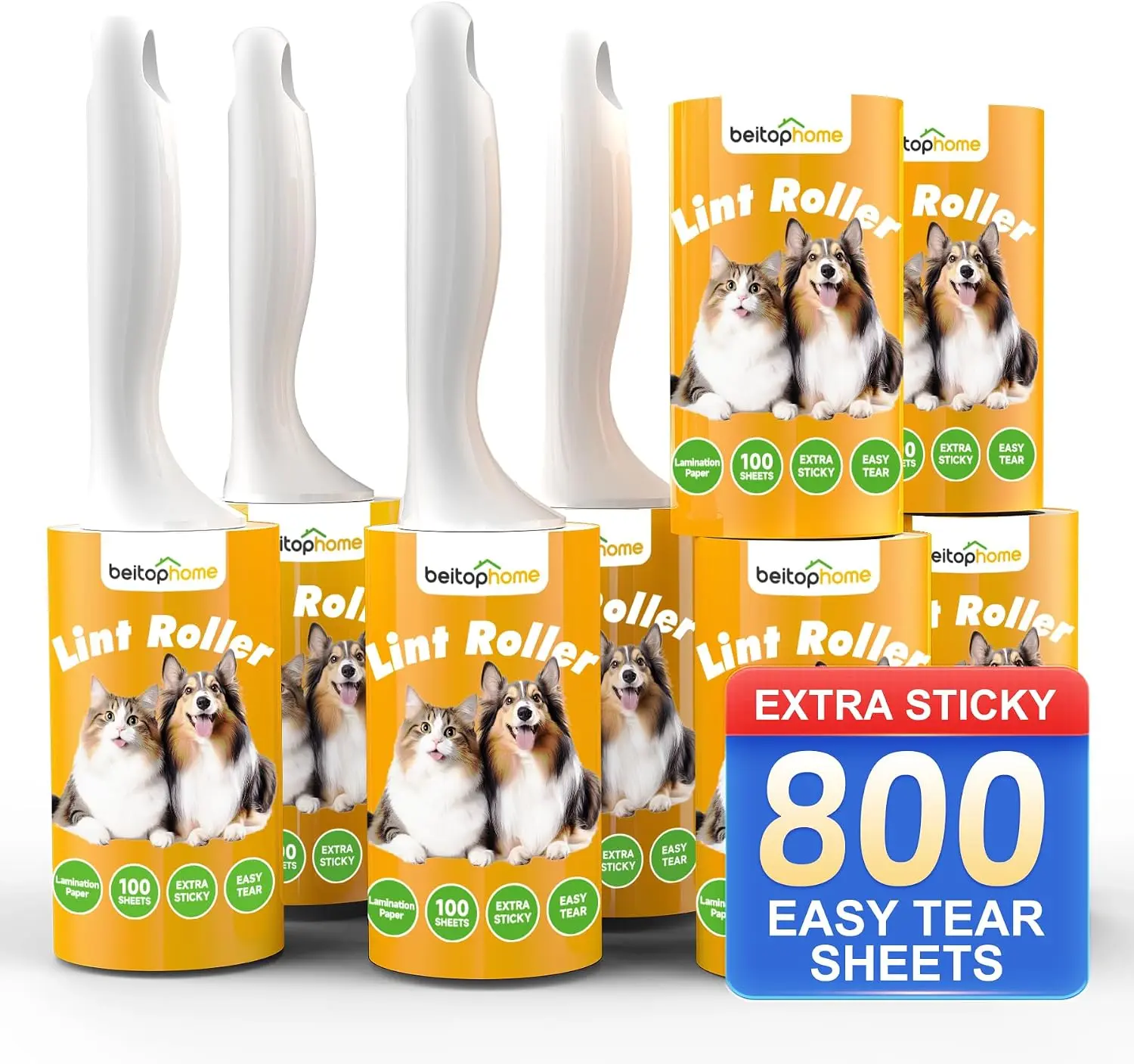 Pet Hair Lint Roller Value Pack - 800-Sheet Extra Sticky Rollers, 4 Handles for Dogs, Cats, Clothes, Carpet, Furniture