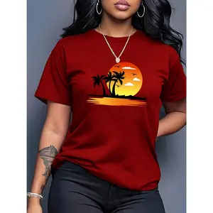 100% Cotton Women's Casual Short Sleeve T-Shirt - Tropical Sunset Palm Tree and Bird Print, Loose Round Neck Design, Breathable Mid-Stretch Fabric, Machine Washable, All-Season Comfort, Summer Wear, Comfortable Fit