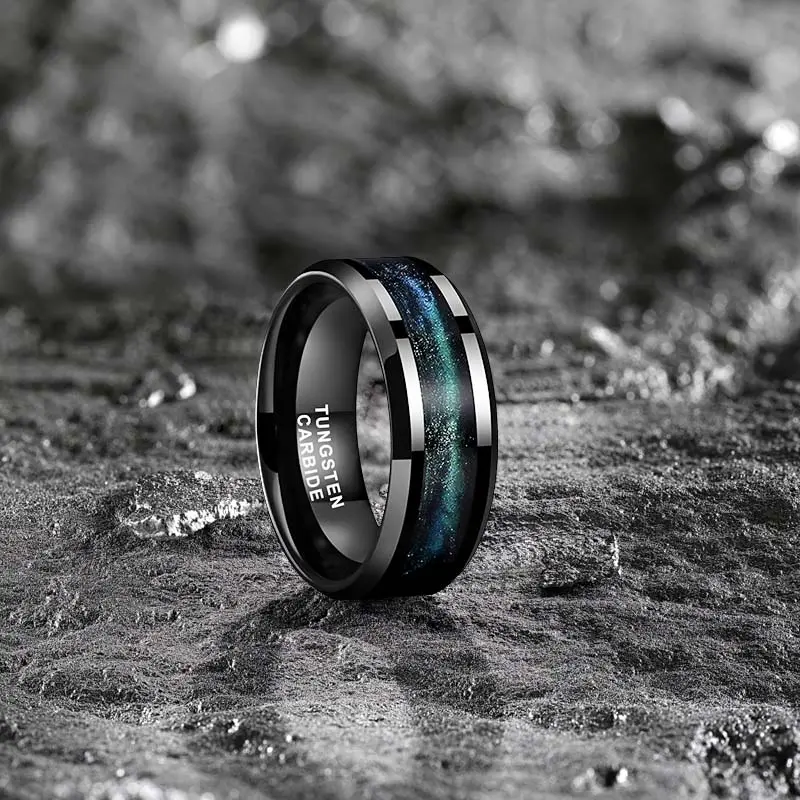 Men's 8mm Black Tungsten Cosmic Promise Ring - Galaxy Inlay, Comfort Fit, Scratchproof, Glow in the Dark, Metal Coating, Modern Everyday Male Wedding Band Gift, Modern Choice, Galaxy Inlay Design
