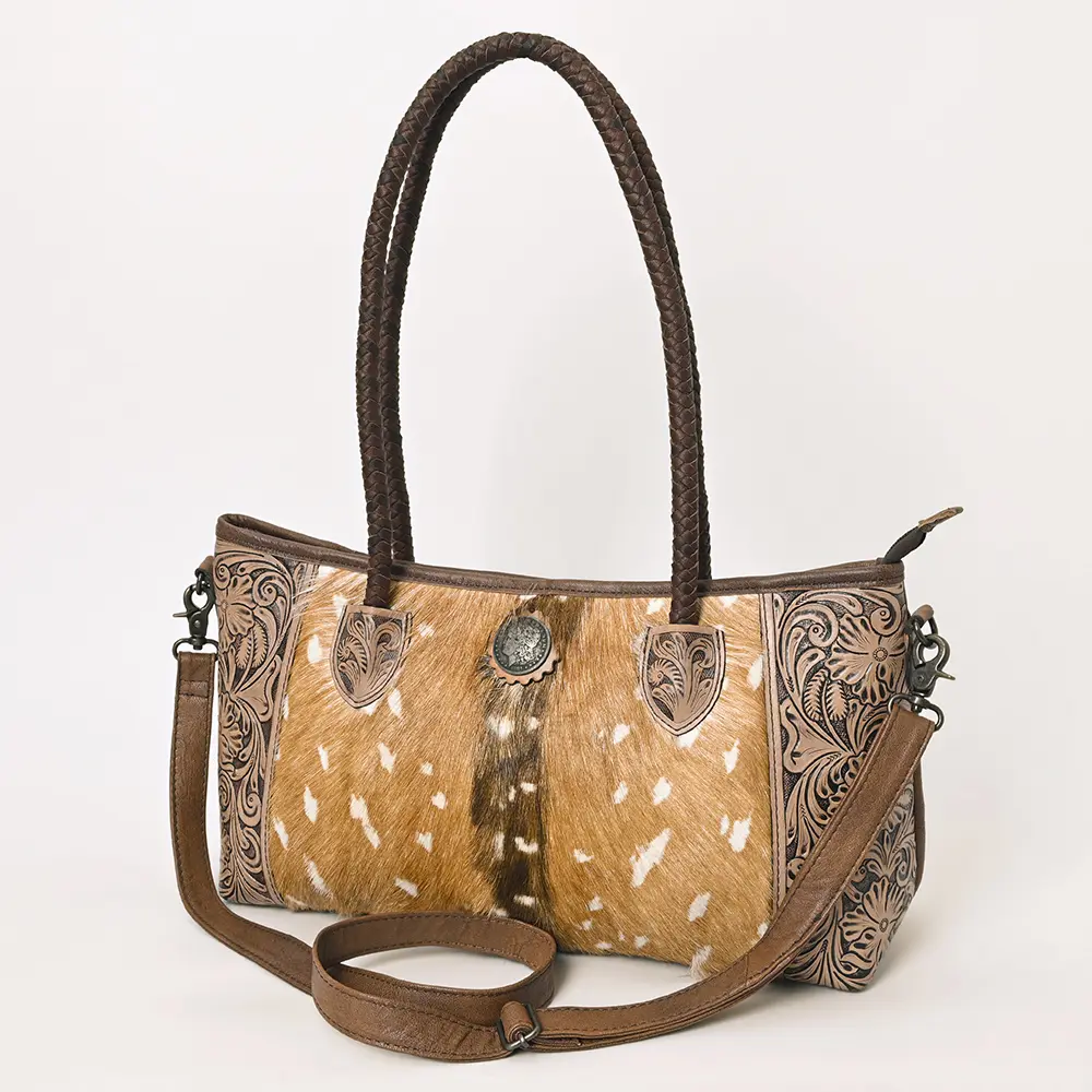 American Darling Western Tote Bag with Hair-On Cowhide, Hand-Tooled Leather, Dual Handles & Removable Strap – Genuine Leather