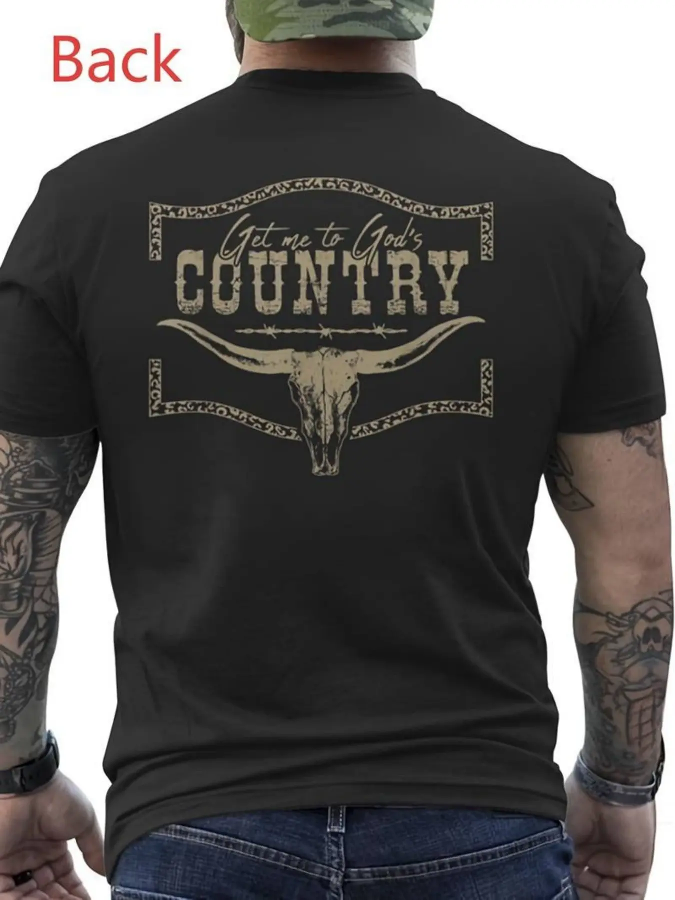 Men'S Western Bull Head Pattern T-Shirt -  Heavy Duty Loose Style Black And Beige, Suitable for Rural Music Ranch Daily Casual Wear, All-Season Breathable Crew Neck Short Sleeves Top