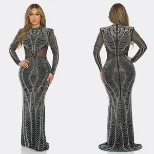 Elegant High Neck Rhinestone Mesh Cutout Gown - Long Sleeve Black Bodycon Maxi Dress for Formal Events & Luxury Galas