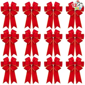 3 PCS Christmas Red Velvet Bows 14" x 12", Large Xmas Golden Edged Red Velvet Bow Tree Decor for Christmas Home Wreath Decoration