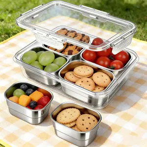 Snackle Box Container,Clear Divided Serving Snack Tray with 4 Removable Stainless Steel Containers for Fruit Veggie Candy,Snack Tray with Lid Leak-Proof for Wet/Dry Food-Perfect for Beach,Picnic,Lunch Boxes
