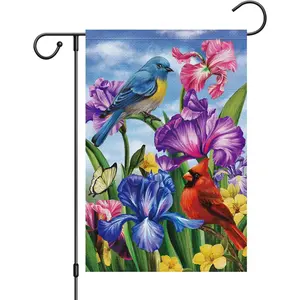 Welcome Spring Summer Garden Flag 12x18 Double Sided Vertical, Burlap Small Cardinal Birds Irises Floral Yard House Outside Outdoor Seasonal Holiday Decoration