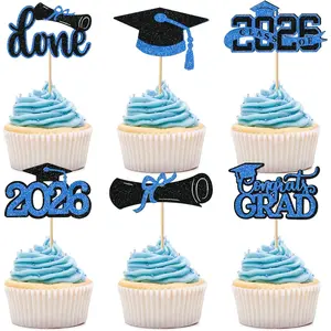 Blue Graduation Cupcake Toppers 2026, 36pcs Glitter Cupcake Toppers for Class of 2026 Party Decoration Cap Diploma Done Congrats Grad Picks for Food Dessert Graduation Party Supplies