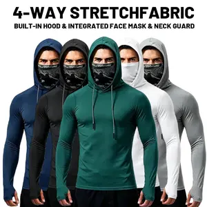 5-piece set men's outdoor work sun protection clothing with sun-blocking hoodie, featuring built-in face mask and neck guard, breathable long-sleeve hoodie Tshirt Polyester Compression