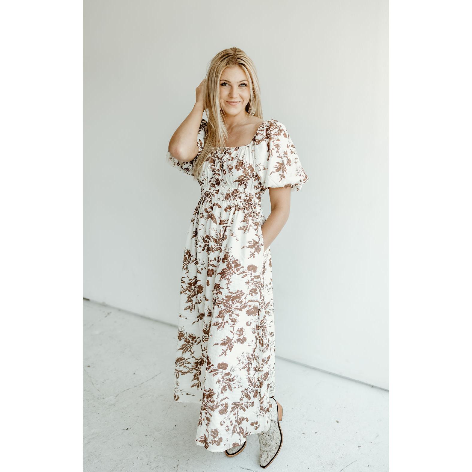 Floral Mocha Textured Midi Length Dress