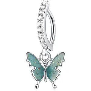 Sanfenly 1pc 14G 316L Surgical Steel Butterfly Clicker Belly Ring, Reverse Curved Dangle Navel Piercing Jewelry for Women