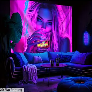 2D flat, [2D flat printing] 1 neon girl's tapestry glowing under ultraviolet light, party festival bedroom aesthetic hanging tapestry, large-sized peach skin fluorescent tapestry, bedroom office living room home decoration, wall decoration with free acces
