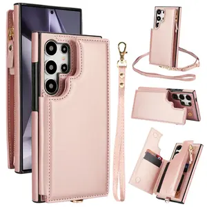 Crossbody Wallet Case with Wrist Strap, Removable Adjustable Shoulder Lanyard, PU Leather Cover with Cash Slot for Samsung Galaxy S24 FE S25 Plus, Phone