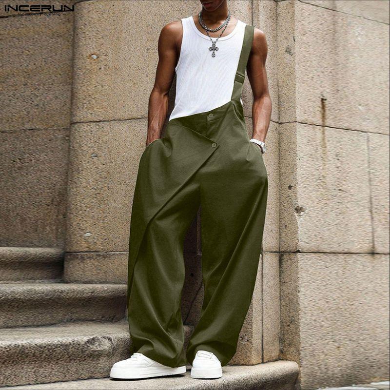 INCERUN Men's Classic Army Green Polyester Plain Woven Sleeveless Overalls - 1-Shoulder Asymmetry, Strap, Mensfashion, Fashion, Casual Menswear, Free-Move Loose Fit, Asymmetrical Diagonal Placket, Below the Ankle Outdoor Workwear
