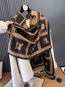 Boho Style Horse & Hat Pattern Tassel Decor Shawl, Casual Soft Shawl, Casual Warm Double Sided Scarf for Fall & Winter, Fashion Accessories for Women & Men