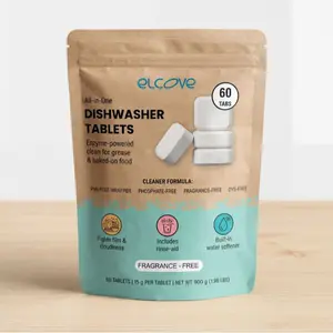 Elcove Non Toxic, All-in-One Dishwasher Detergent Tablets (60 pack), Unscented, Includes Rinse Aid and Water Softener