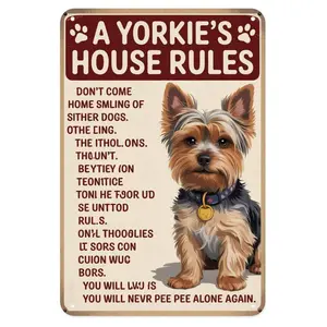 Yorkie House Rules Funny Dog Tin Sign, Vintage Yorkshire Terrier Metal Sign Print Aesthetic Room Decoration for Home Bedroom Kitchen Bar Coffee Bathroom Indoor Outdoor Wall Decor, 8 X 12