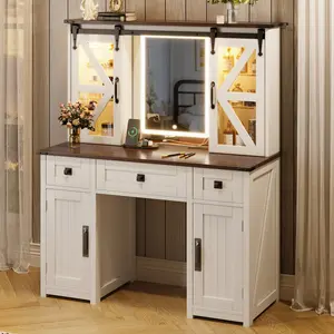 43.3" Farmhouse Makeup Vanity Desk with Lighted Mirror, Vanity Table Set with Charging Station, Dressing Table with Sliding Barn Door Hidden Shelves & 3 Drawers & 4 Cabinets, Beige