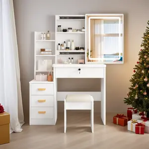 Dressing Table with Mirror and Lights 3 Adjustable LED Modes 5 Drawers 3 Shelves Power Outlet White Vanity Set Includes Chair for Bedrooms