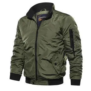 Men's Casual Olive Green Flight Jacket, Classic Bomber Style with Arm Pocket & Stand Collar