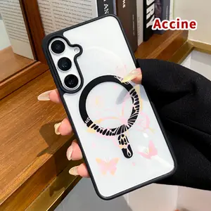 Magnetic Phone Case Compatible with Samsung Galaxy S23 Ultra S24 Plus S25 Edge S22+ FE Blushing Butterfly Dream Pattern Transparent Acrylic Back TPU Edges Drop-Proof Lightweight Cover