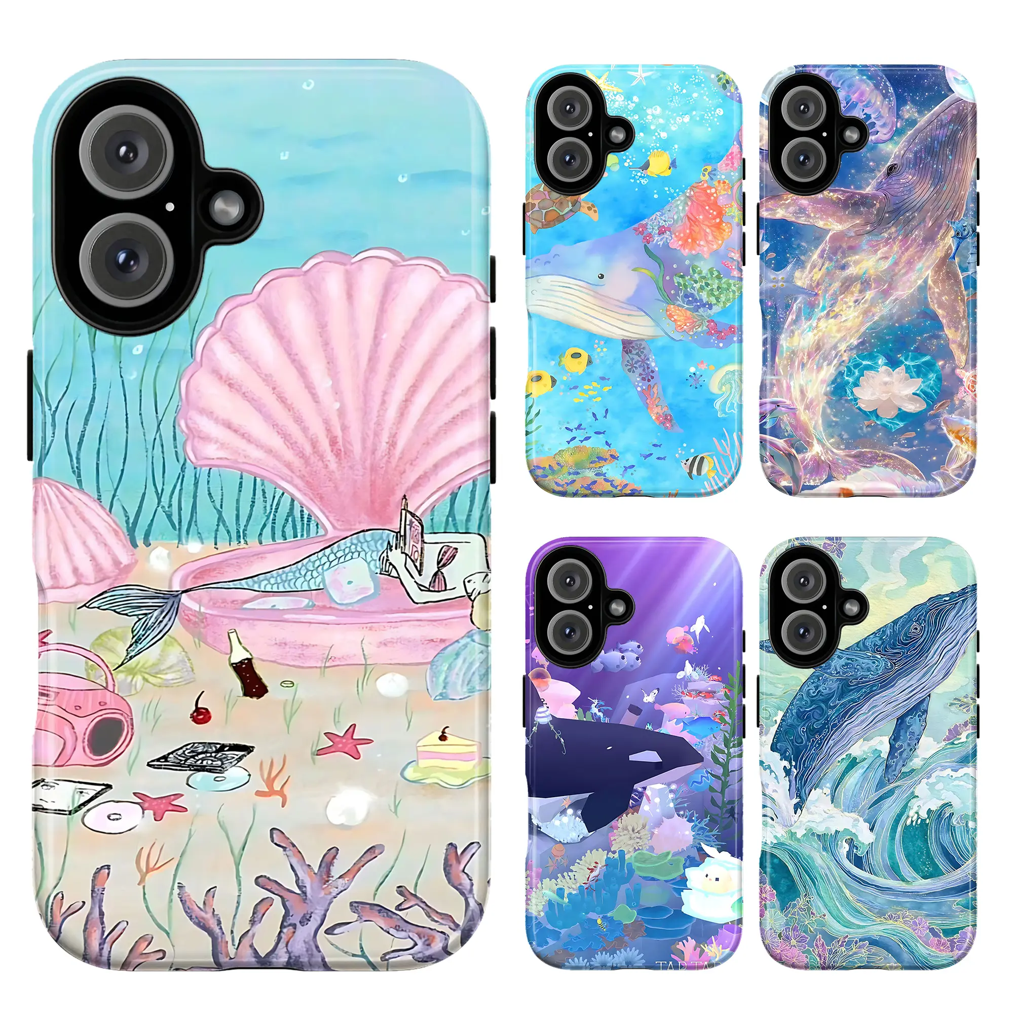 Polycarbonate + TPU Waterproof Smartphone Case - Nautical Whimsical Mermaid, Whale Illustration, Seashell, Coral Reef Cover for iPhone 11-17 Pro Max,X,XS & Samsung Galaxy S21-S25, Ocean Lovers Gift