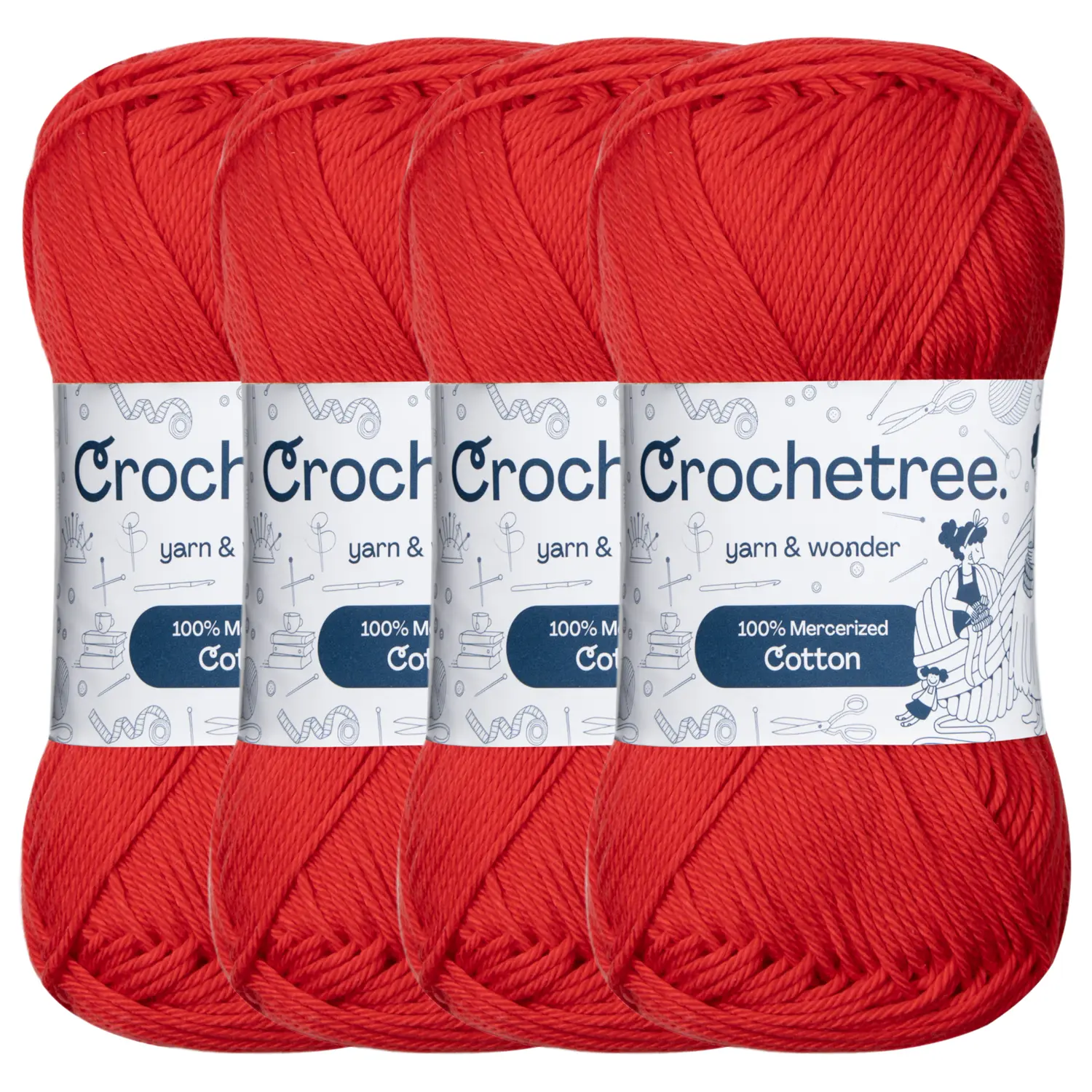 Crochetree Premium Mercerized Cotton Yarn 4-Pack, Buttery-Smooth for Garments & Crafting, 50 G / 125 M (136 yds)