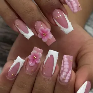 24pcs Square Medium-Length Nails, Nude Base + French Tip + 3D Flower + Snake Pattern + Gold Bead Decor, Reusable, Beginner-Friendly, Salon Quality Nails, Nail Art Kits