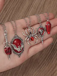 5 Piece Punk Hip Hop Necklace Set, Bat Spider Skull Cross Pendant, Adjustable Chain, Festival Party Gift, Friend Present