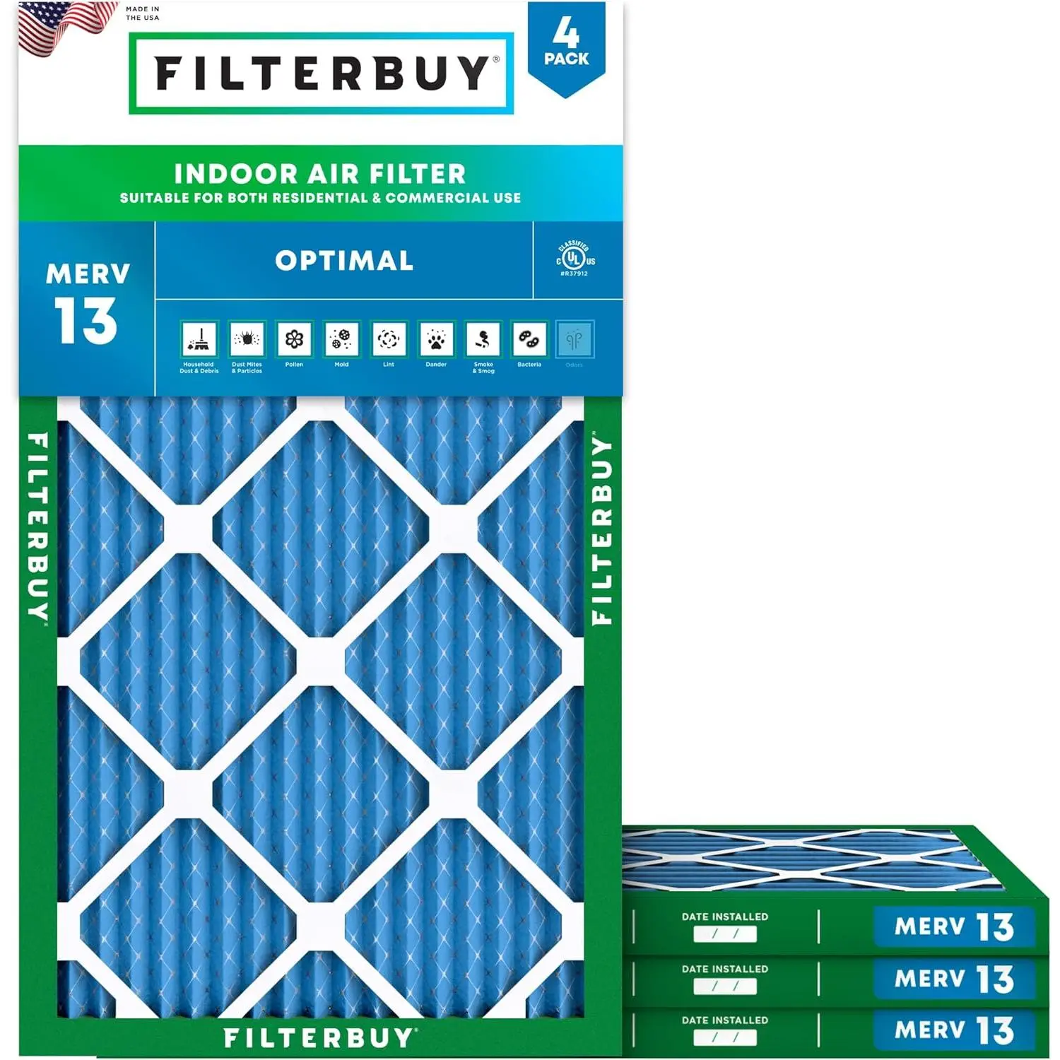 Filterbuy Residential 18x36x1 HVAC System Air Filter (4-Pack Value), Polypropylene Electrostatically Charged Pleated MERV 13 Allergen Protection Eco-Friendly AC Furnace Filters (Actual Size: 17.50x35.50x0.75 in)