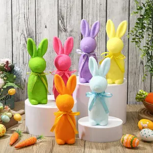 Pastel Flocked Easter Bunny Figurines - 7/6/4 Pcs Cute Velvet Rabbit Statues Set with Bow Ties, Adorable Easter Decor 2026 Bunny in Multiple Sizes & Poses for Tiered Tray Decor Spring Table Centerpiece Shelf Mantel Display Home Party Gifts Basket Stuffers